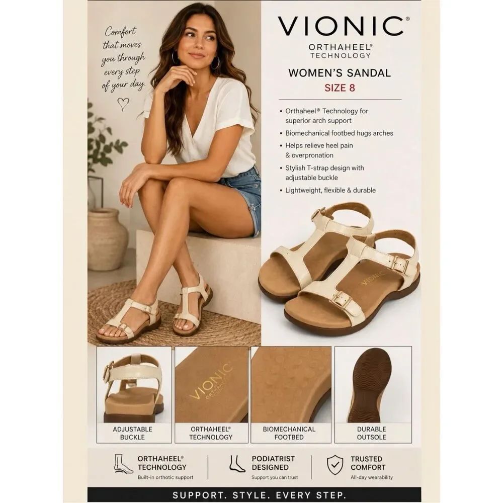 Vionic Womens Adriane Orthaheel Technology T-Strap Flat Sandals Cream Tan Size 8